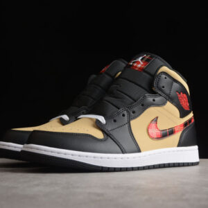 Air Jordan 1 Mid SE Tartan Swoosh Men Sneakers Brown Black Sesame